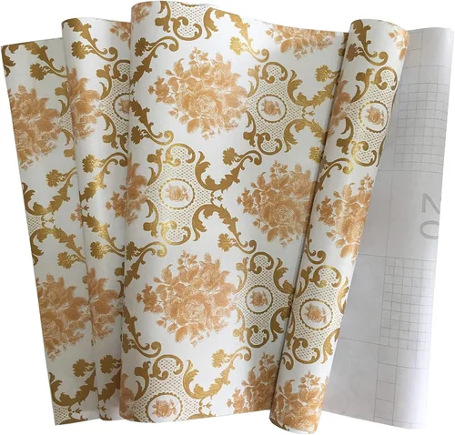 Miniatura 9 de MyFun Papel tapiz de damasco floral de lujo negro y dorado de 11 yardas, calcomanías de papel de pared de contacto extraíbles vintage para muebles