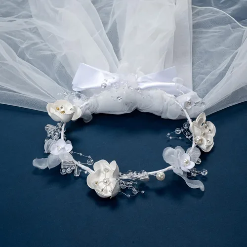 Miniatura 4 de Fleursun Corona de cabeza de niña con velo de primera comunión con velo blanco floral