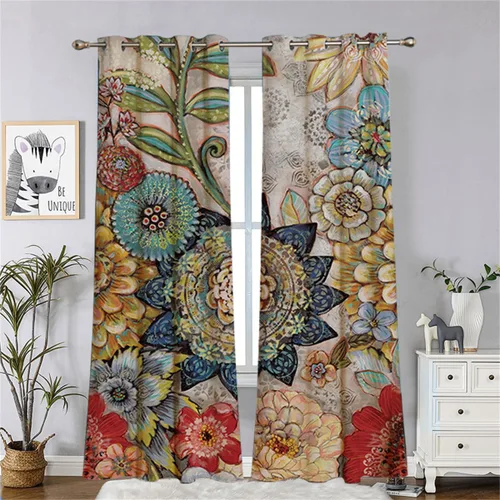 Miniatura 2 de Koudi Cortinas opacas con diseño de pájaros y flores, cortinas de oscurecimiento con ojales, paneles de cortina con aislamiento térmico