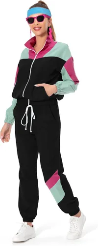 Miniatura 16 de Conjunto de traje de pista de bloque de color de los años 80, rompevientos de manga larga de los años 90, traje deportivo casual para mujer