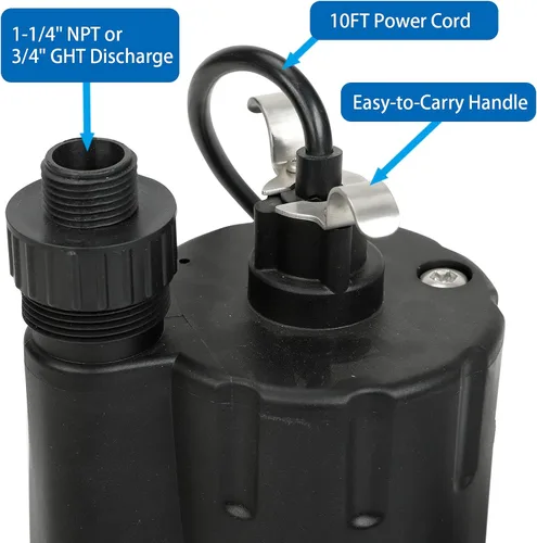 Miniatura 4 de Bomba sumergible de 1/5 HP Bomba sumergible termoplástica Bomba eléctrica de transferencia de agua con cable de 10 pies, color negro