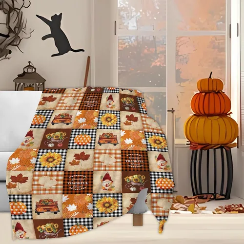 Miniatura 2 de Manta de forro polar suave, manta de otoño para sofá, diseño de gnomo, calabaza, camión, girasol, hoja de arce, búfalo, manta ligera, acogedora