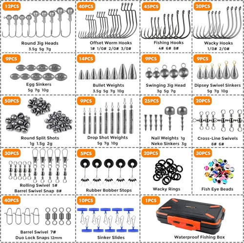 Miniatura 6 de PLUSINNO Kit de accesorios de pesca de 264/397 piezas, caja de aparejos de pesca organizada con aparejos incluidos, anzuelos de pesca, plomos de Kit
