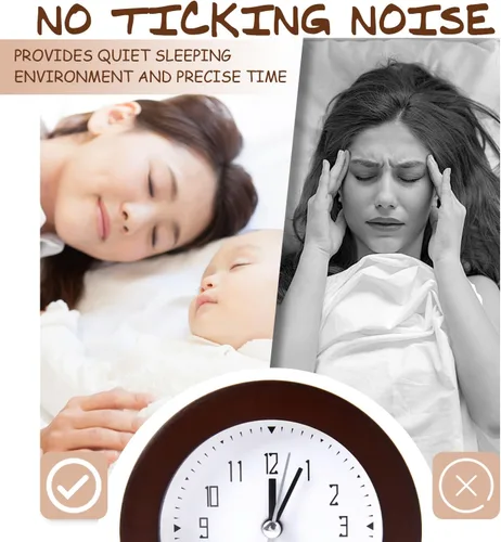Miniatura 5 de Reloj despertador analógico de madera, silencioso y sin tictac, funciona con pilas, reloj de mesa con luz nocturna para dormitorio, habitación
