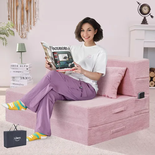 Miniatura 17 de Sofá Cama Individual Plegable Silla Sofá Cama con Almohada, Twin, Beige Cama de silla plegable