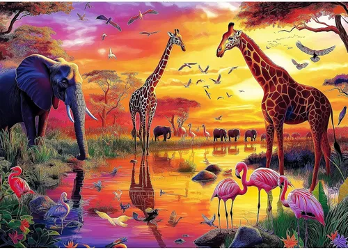 Rompecabezas de animales de 1000 piezas para adultos, escena de la vida silvestre con elefantes, león, tigre, jirafas, flamencos, rompecabezas Hongo