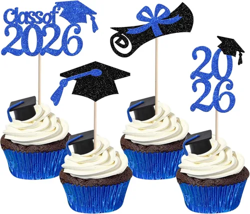 Rsstarxi Paquete de 24 adornos para cupcakes de graduación 2026, con purpurina azul, para la clase de 2026, para diplomas, 24 piezas (6 diseños),