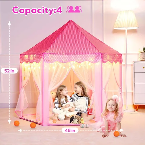Miniatura 6 de Sumbababy - Tienda de campaña de castillo de princesa para niñas, de juego, hexagonal, azul, con luces de estrella de hadas, juguetes para niños