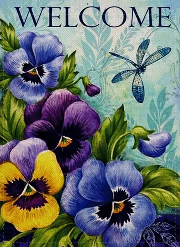 Furiaz Bandera decorativa de jardín de primavera con flores vintage de bienvenida de doble cara, diseño floral de arpillera para el hogar, libélula
