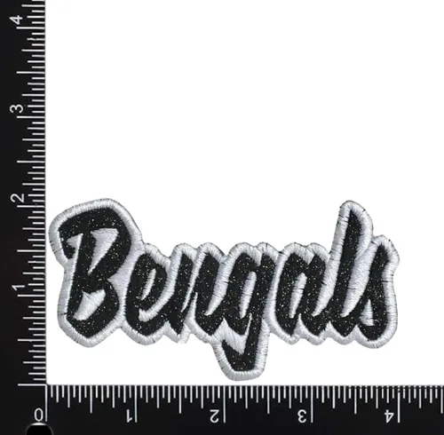 Miniatura 2 de Bengals, espíritu escolar, bordado, parche para planchar (2 x 4 pulgadas) Bengals (purpurina negra/contorno blanco)