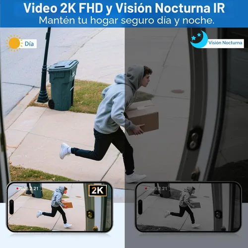 Miniatura 6 de Timbre de puerta inalámbrico, video de la cabeza a los pies, no requiere suscripción, vista en vivo HD 2K, conversación bidireccional, timbre