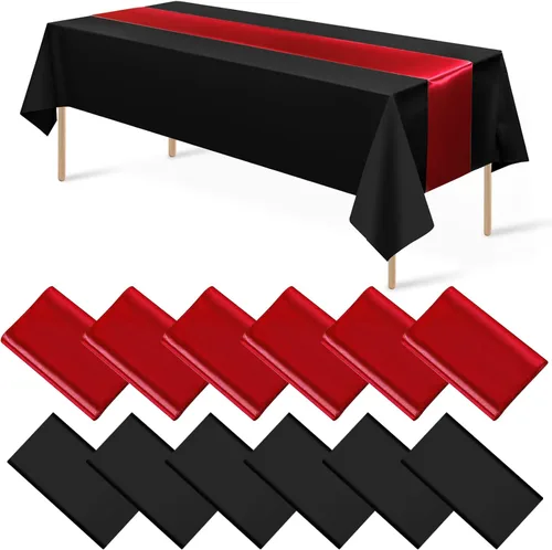 Miniatura 12 de Juego de 12 manteles de satén de 12 x 108 pulgadas y manteles de plástico de 54 x 108 pulgadas, manteles rectangulares desechables en negro y azul