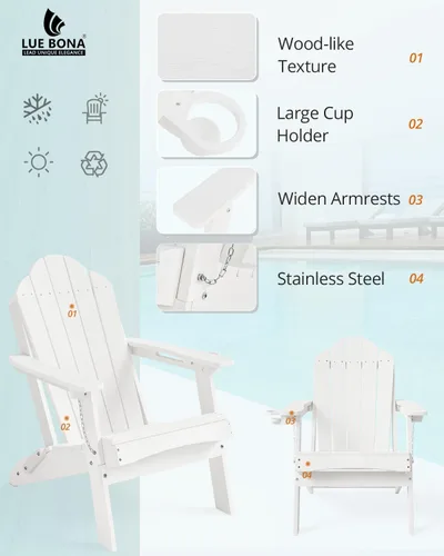 Miniatura 4 de LUE BONA Silla Adirondack plegable, juego de 2, portavasos, grano de madera, hoguera, patio, piscina, color blanco All-weather Use, Woodgrain