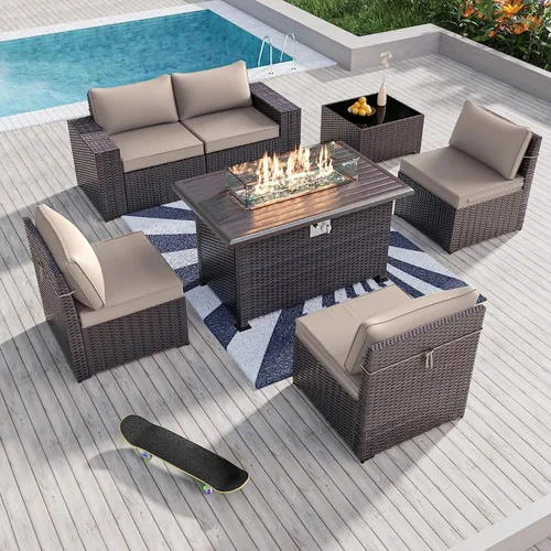 Miniatura 51 de Kullavik Juego de 13 muebles de patio al aire libre con mesa de fogata de gas propano de 43 pulgadas, 55000 BTU, mimbre de polietileno, sofá Arena