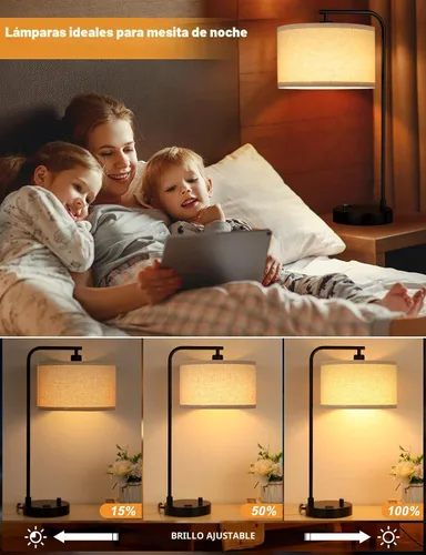 Miniatura 3 de Innqoo Lámpara de mesa alta con puerto USB y tomacorriente, lámparas de mesita de noche regulables con pantalla de lino, lámpara de escritorio