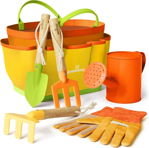 Miniatura 10 de Juego de jardinería, kit de herramientas, para niños, STEM, incluye bolsa de mano, pala, regadera, rastrillo, tenedor, paleta y guantes (Petal)