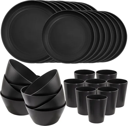 Miniatura 9 de LIYH - Juego de vajilla de paja de trigo de plástico beige de 48 piezas - Juegos de platos y tazones reutilizables, platos irrompibles, tazón, taza