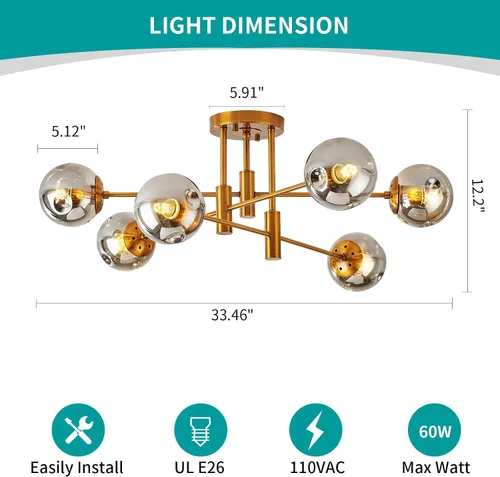 Miniatura 2 de DDLLDESHI Lámpara de araña de 6 luces dorada con cubierta esférica de vidrio Sputnik, lámpara de techo de 34" de gran tamaño para comedor, lámparas