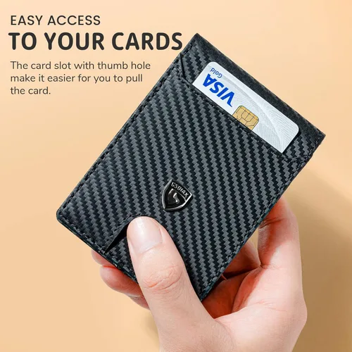 Miniatura 5 de GSOIAX Billetera delgada para hombre con bloqueo RFID, carteras plegables para hombre, minimalista, cuero auténtico, fibra de carbono, clip