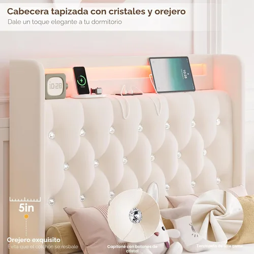 Miniatura 5 de HIFIT Marco de cama tapizada tamaño individual LED con cabecera de estación de carga y 4 cajones de almacenamiento, marcos de cama de plataforma