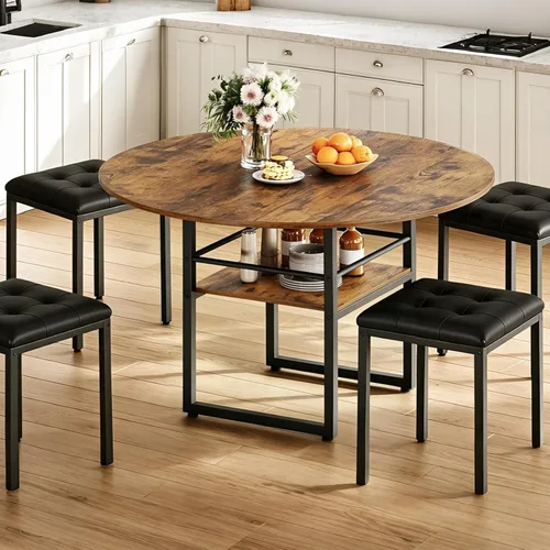 Miniatura 7 de RALGEND Mesa de comedor redonda de 47.2 pulgadas para 4, mesa de cocina de madera de granja con almacenamiento, mesa de comedor circular que ahorra