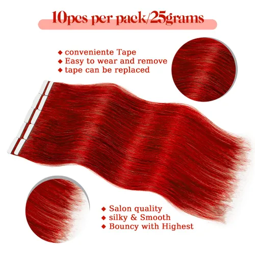 Miniatura 4 de Winsky Extensiones de cabello humano con cinta roja de 18 pulgadas, extensiones de cabello Remy con pegamento, 10 piezas de 0.88 onzas, cabello