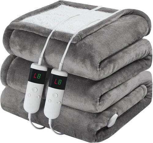 Miniatura 20 de Manta térmica eléctrica de 50 x 60 pulgadas, manta eléctrica de franela suave y sherpa con 10 niveles de calefacción, se apaga automáticamente