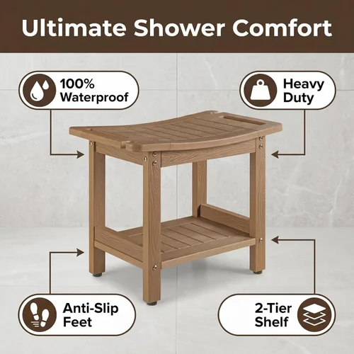 Miniatura 8 de Taburetes de ducha resistentes, bancos de ducha para ducha interior, banco de ducha de plástico de madera de polietileno impermeable, taburetes