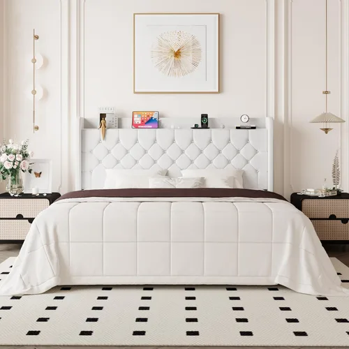 Miniatura 14 de Allewie - Base de cama tamaño King, cabecero con almacenamiento y estación de carga, tapizado en terciopelo, botones cosidos en forma de diamante