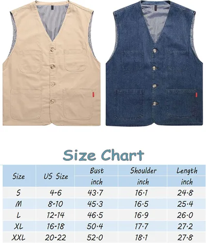 Miniatura 6 de HangNiFang Chaleco casual de algodón de mezclilla para hombre, chaleco con bolsillos para exteriores