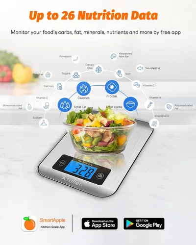 Miniatura 2 de Báscula inteligente de alimentos con calculadora nutricional, aplicación para teléfono inteligente con seguimiento de 26 nutrientes, calorías, Gris