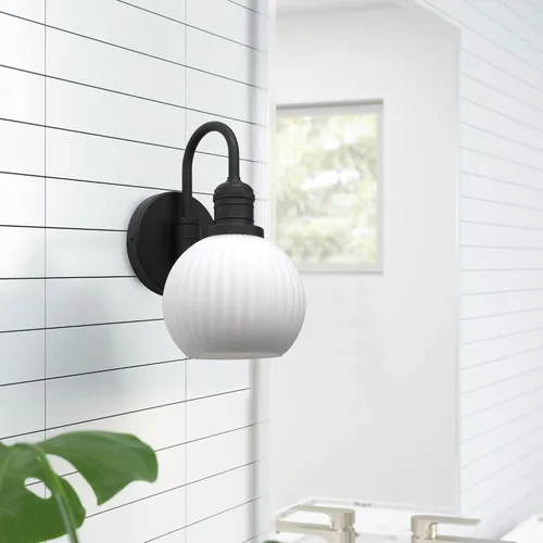 Miniatura 3 de Yosoan Aplique de pared de baño vintage de latón bohemio con pantalla a rayas, 1 lámpara industrial con cable para montaje en pared, pantalla