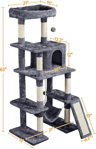 Miniatura 4 de Topeakmart Árbol para gatos de 63 pulgadas, mueble grande de torre para gatos con condominio para gatos, plataforma acolchada y poste rascador