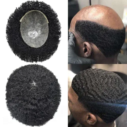 Miniatura 8 de Unidades de cabello para hombres negros Poly Skin Afro Toupee Afro Hair System para hombres negros pieza de pelo 0.236 in #1 negro azabache
