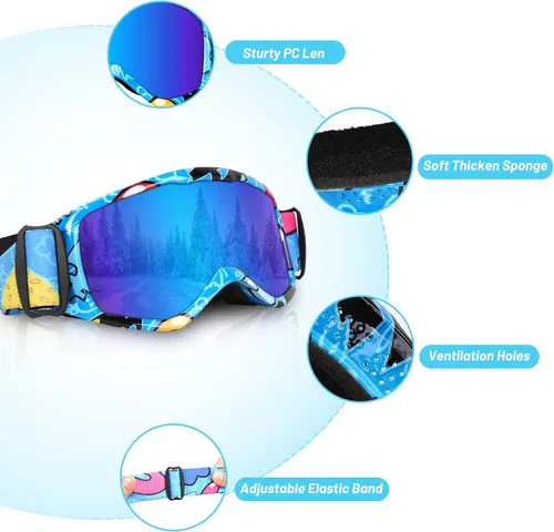 Miniatura 3 de Gafas de esquí para niños, gafas de snowboard para niños y niñas, jóvenes, OTG gafas de esquí antivaho con correa antideslizante Azul
