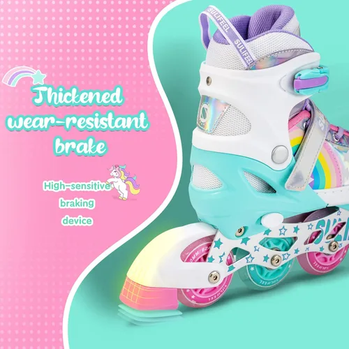 Miniatura 4 de SULIFEEL Patines en línea de unicornio arcoíris para niñas y niños, 4 tamaños, ajustables, con ruedas iluminadas, para niños principiantes Un arco
