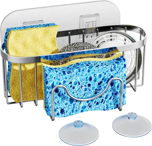 Miniatura 16 de HapiRm Organizador de esponja multifuncional con forma única en M, 2 métodos de instalación, organizador de fregadero de cocina, organizador