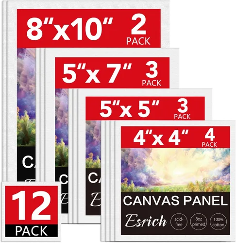 ESRICH Tableros de Lienzo para Pintura, Paquete de 12 Suministros de Arte, Lienzo de Pintura 4x4, 5x5, 5x7, 8x10, Lienzos Grandes en Blanco para
