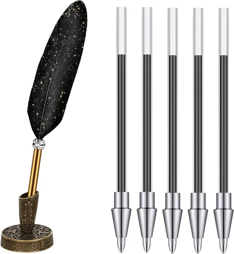 Miniatura 9 de Bolígrafo de plumas y soporte de bolígrafo de metal vintage, tinta negra, pluma de plumas vintage con 5 piezas de repuesto para boda, firma