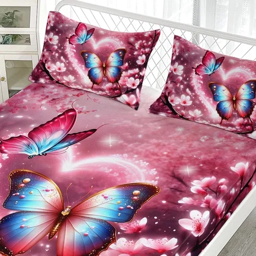 Miniatura 4 de AILONEN Juego de sábanas bajeras de mariposa y mariposa para niñas, juego de ropa de cama con diseño de mariposas y cerezos rosados, para regalo