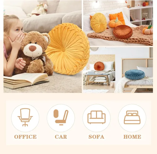 Miniatura 6 de Drydiet 3 Piezas Almohadas Redondas Decorativas de Terciopelo Plisado Almohadas de 15'' de Diámetro Acento Calabaza Boho Cojín de Silla para Sofá