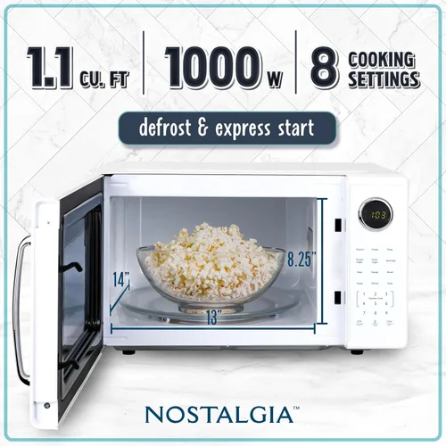 Miniatura 2 de Nostalgia Horno microondas retro de 1000 W de capacidad de 1.1 pies cúbicos - Bloqueo de seguridad para niños, 8 ajustes de cocción automática