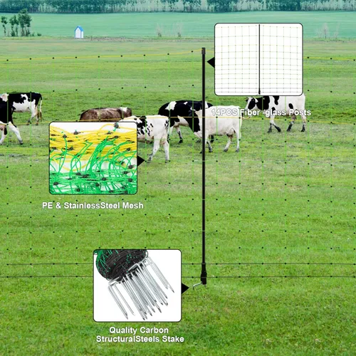 Miniatura 5 de TMEE Red eléctrica para valla de ganado para cabra con 14 postes de doble pincho, malla portátil para ovejas, ciervos, cerdos, perros en patios