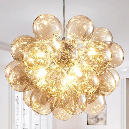 Miniatura 16 de Longree Lámpara de techo semiempotrada con bola de burbujas, diámetro de 20 pulgadas, cristal soplado dorado y transparente, pequeña lámpara de Oro