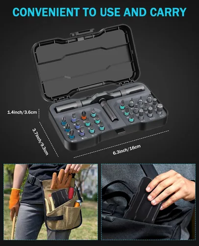 Miniatura 6 de Juego de destornilladores magnéticos 24 en 1, kit de reparación profesional de múltiples puntas con mango en T desmontable y funda portátil