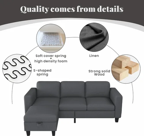 Miniatura 5 de Sofá modular para sala de estar, sofá en forma de L, pequeño modular de 3 asientos, cómodo lino con almacenamiento de asiento profundo, fundas