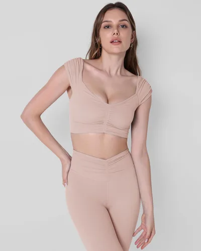 Miniatura 29 de ODODOS Camiseta corta sin mangas con cuello en V y frente fruncido para mujer, recortada en la espalda, manga casquillo