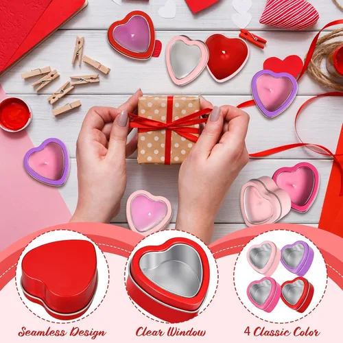 Miniatura 7 de Nuanchu 24 moldes de velas vacías para el día de San Valentín, latas de metal en forma de corazón rojo de 2 onzas con tapas de ventana