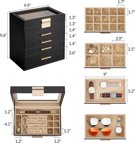 Miniatura 5 de Caja de joyería Somduy, caja de exhibición de joyería de 5 capas con tapa de vidrio para mujeres, 4 cajones, de gran capacidad para collares