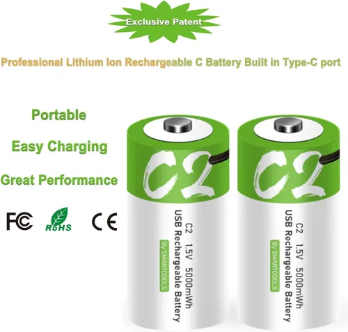 Miniatura 6 de Baterías C - Paquete de 2 baterías recargables C, batería de iones de litio de 5000 mWh, tamaño C, 1.5 V con cargador USB A a tipo C 2 en 1